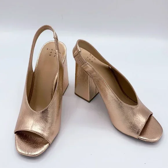 METALLIC GOLD BLOCK HEEL SLINGBACK HEELS - 7.5 - Picture 2 of 9